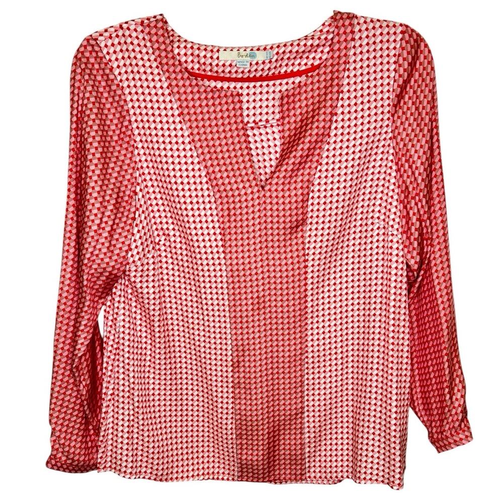 Boden Red White Silk Tunic Blouse Geometric Diamon Split V-Neck Long Sleeve 12